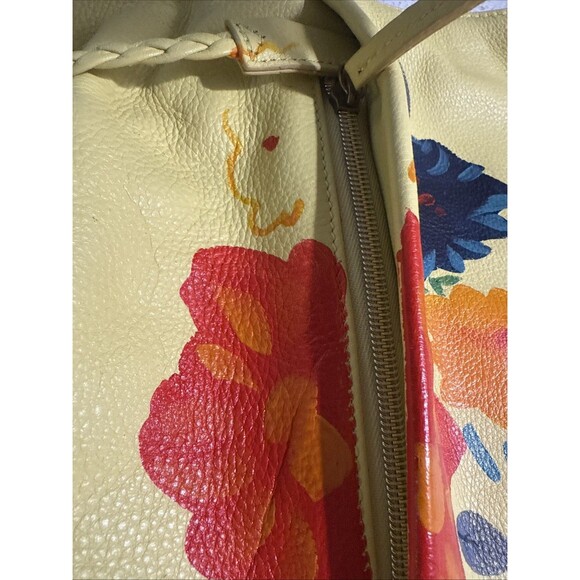 Elliott Lucca Leather Purse Yellow Hand Painted w/ Wood Gold Accents Soft EUC - Picture 6 of 16
